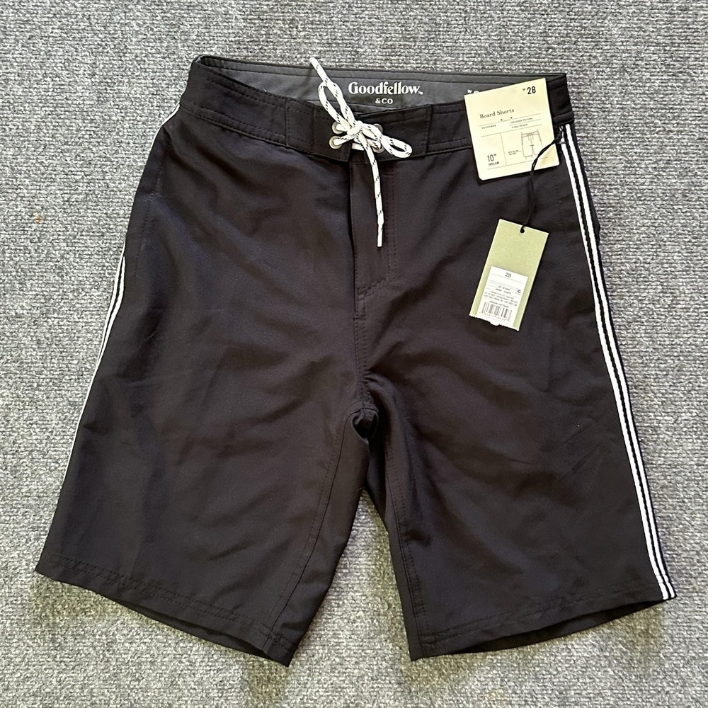 NWT Goodfellow & Co Board Shorts Mens 28 Black Striped 10 Inseam 4 Way Swim